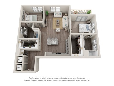 Floor plan for 2 beds, 2 baths, 1161 sqft